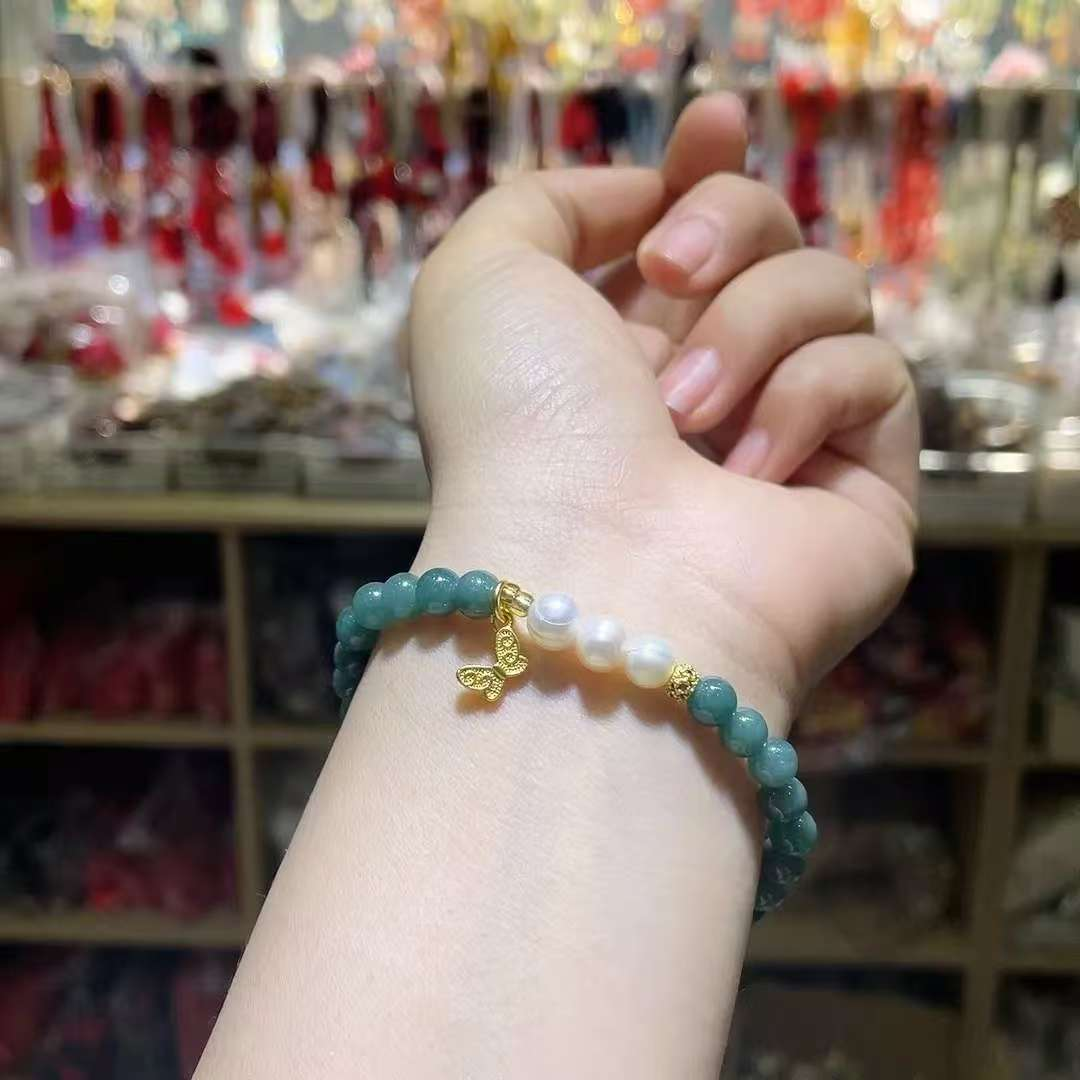 Gelang mutiara hijau muda segar berair biru asli yang disematkan dengan emas 18K terbaru