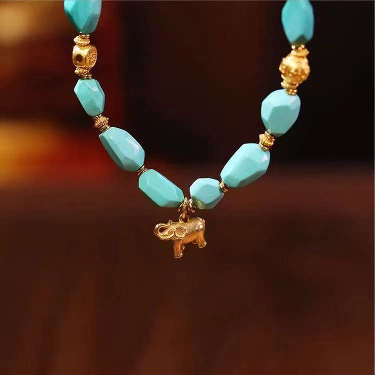 gelang khusus berkualiti tinggi gaya etnik turquoise berbentuk tidak teratur dengan faceted emas 18k