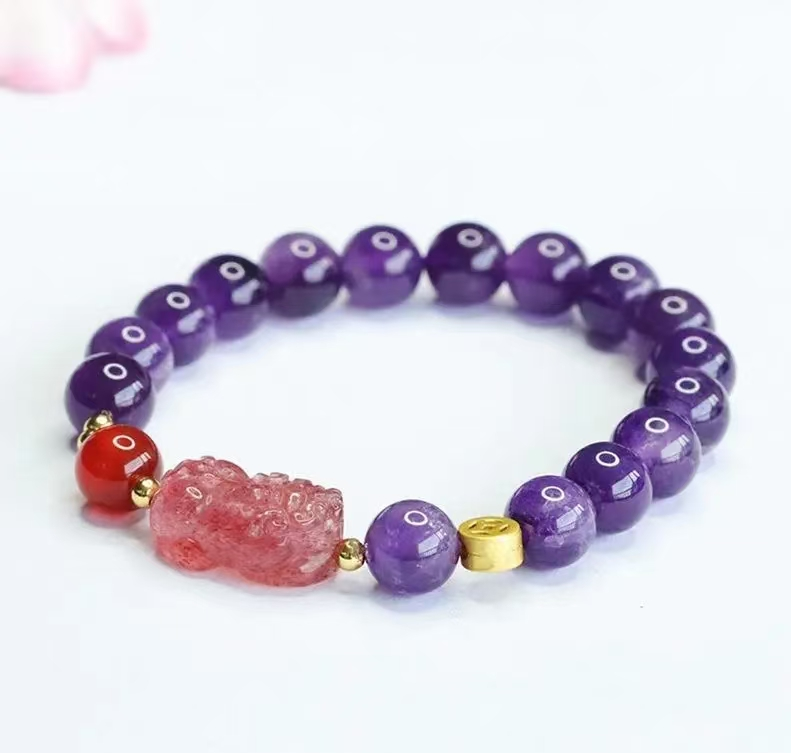 Gelang Pixiu amethyst bergaya trendy baru dalam emas 18k, gaya wanita yang popular