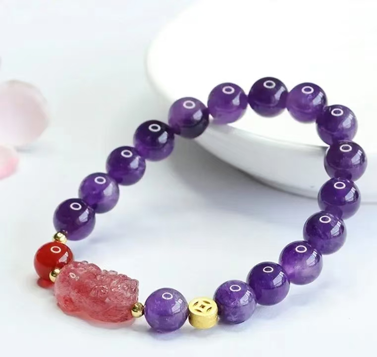 Gelang Pixiu amethyst bergaya trendy baru dalam emas 18k, gaya wanita yang popular