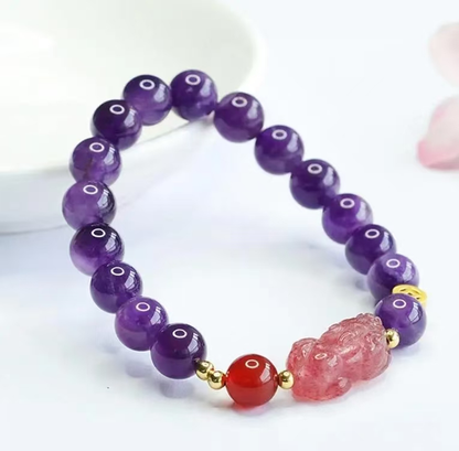 Gelang Pixiu amethyst bergaya trendy baru dalam emas 18k, gaya wanita yang popular